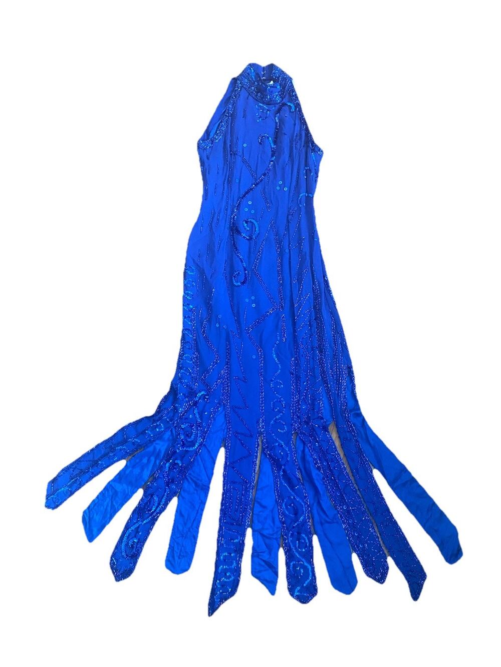 Lillie Rubin Blue Halter beaded Dress Midi Formal Sequin Silk Size 4 octopus